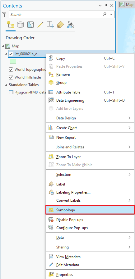 Selecting Symbology for the layer "lct_000b21a_e" in the Contents pane.