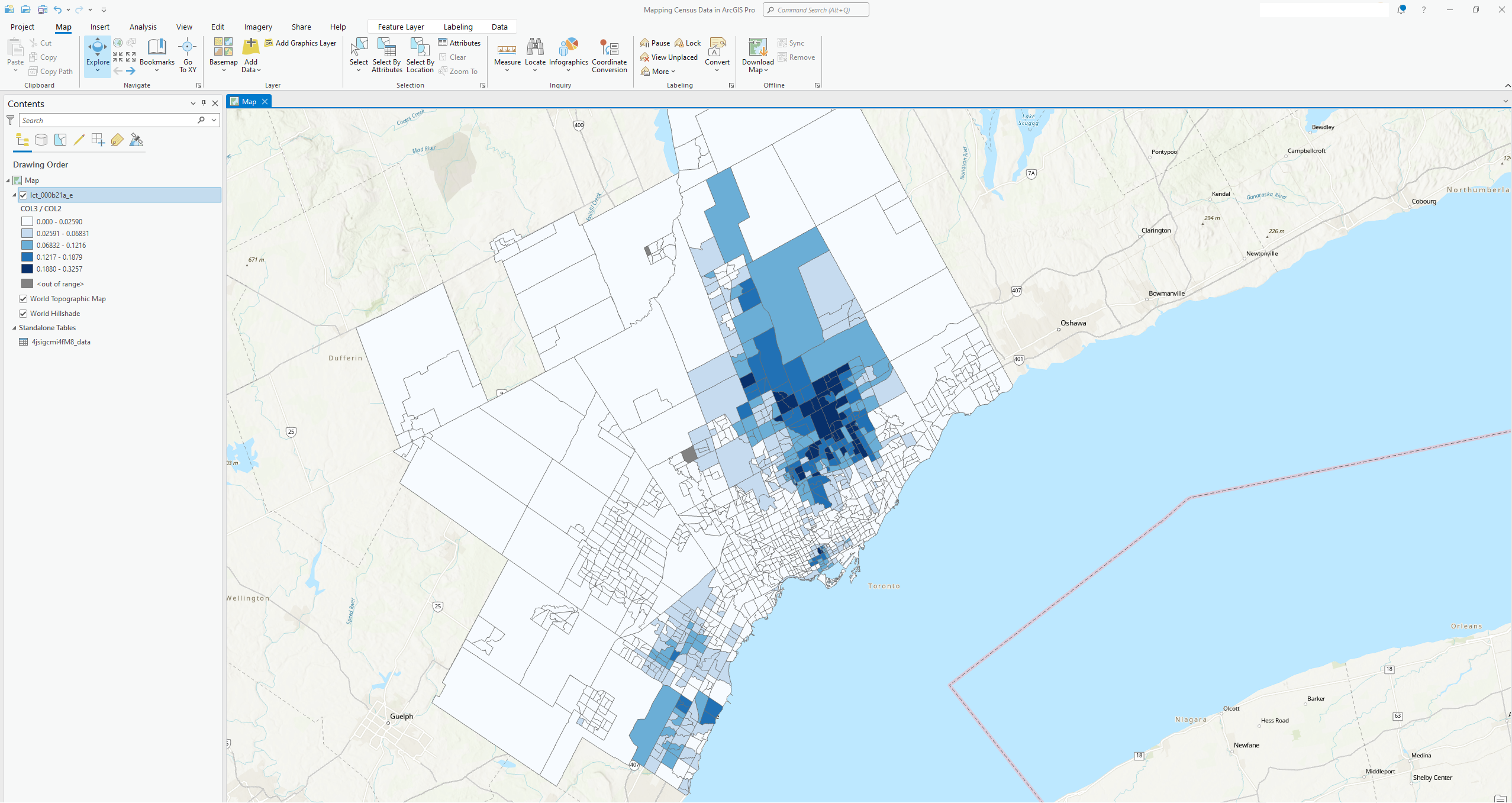 Thematic map of the census metropolitan area of Toronto, representing a percentage of people whose mother tongue in Mandarin per census tract.