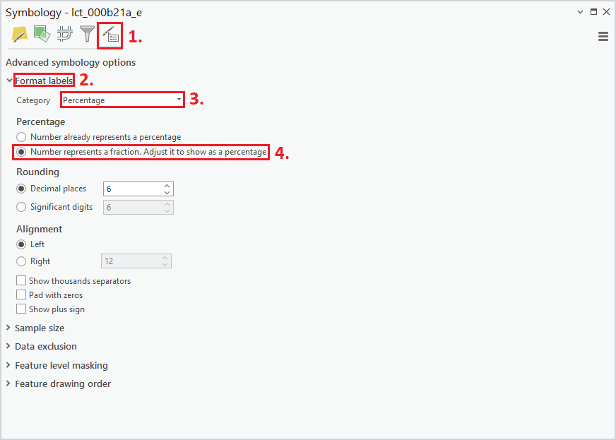 In the symbology tab, the Advanced symbology options menu has been opened. Under the header Format labels, the Category has been set to Percentage. The following has been selected under the Percentage header: "Number represents a fraction. Adjust it to show as a percentage."