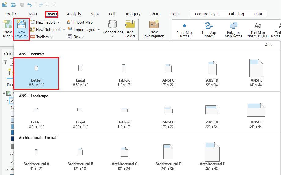 Possible layout options in ArcGIS Pro.