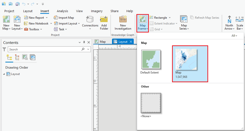 Selecting the current map as the Map Frame in the layout.