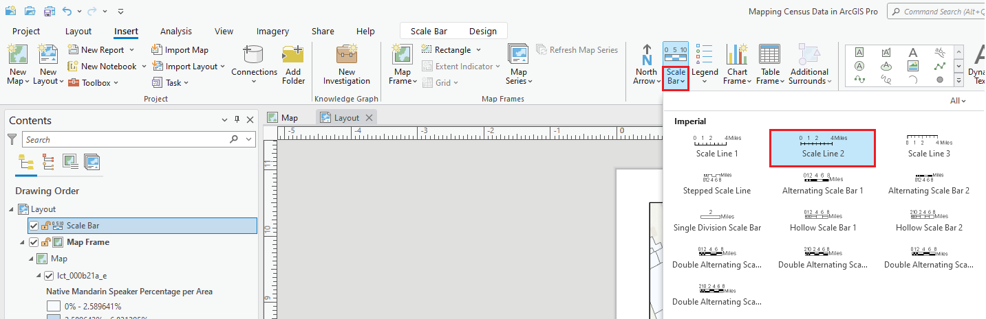 Selecting the scale bar in the Insert tab in the ribbon. In the Scale Bar dropdown, Scale Line 2 is selected.