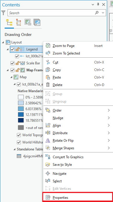 Selecting the properties of the Legend in the Drawing Order from the Contents pane.