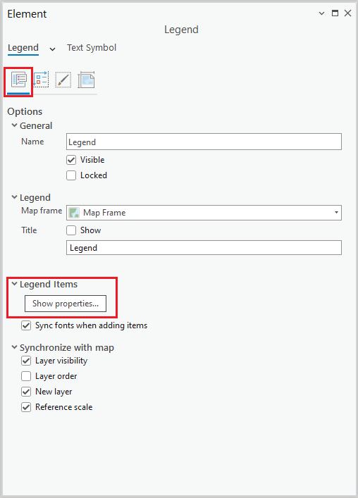 In the Display tab under the Legend Items header, the Show Properties button is outlined in red.