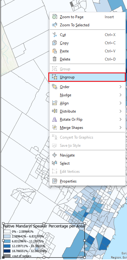 By right-clicking on the Legend, Ungroup has been highlighted in the menu.