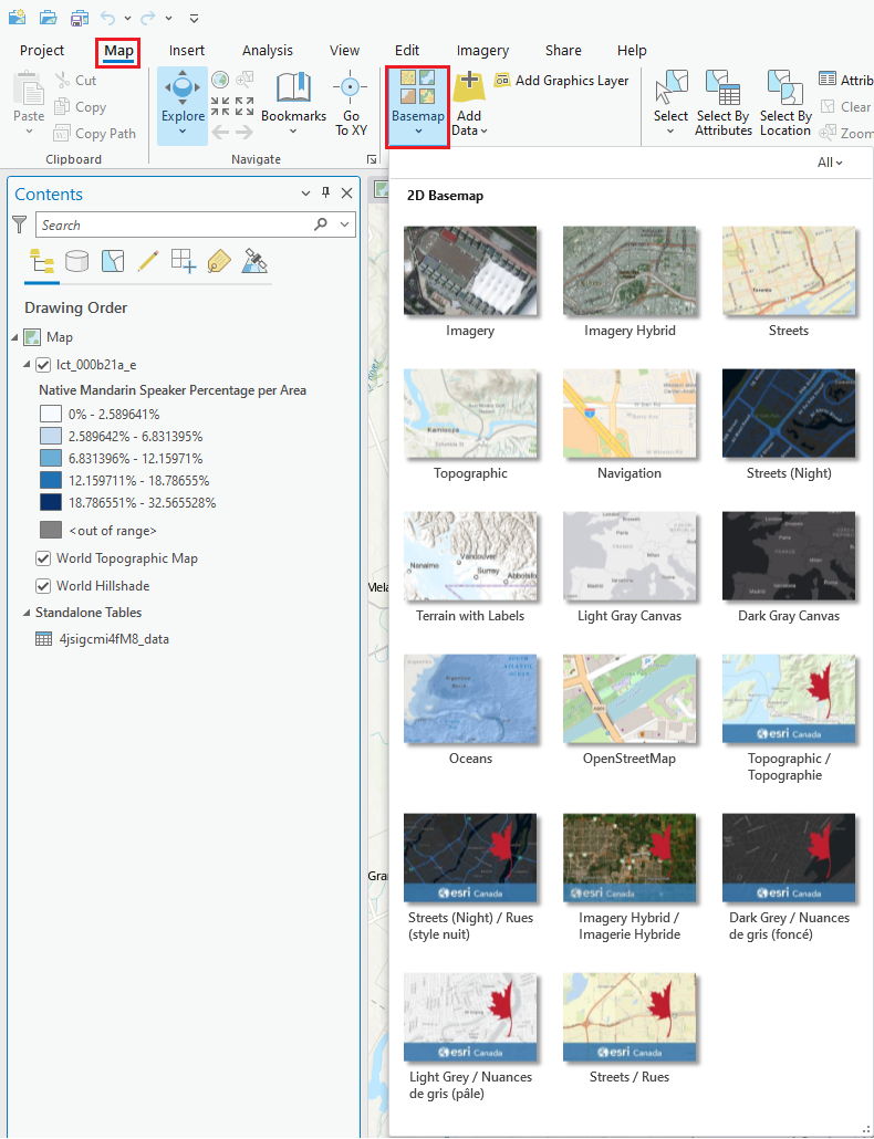 Available basemaps provided by Esri on ArcGIS Pro.