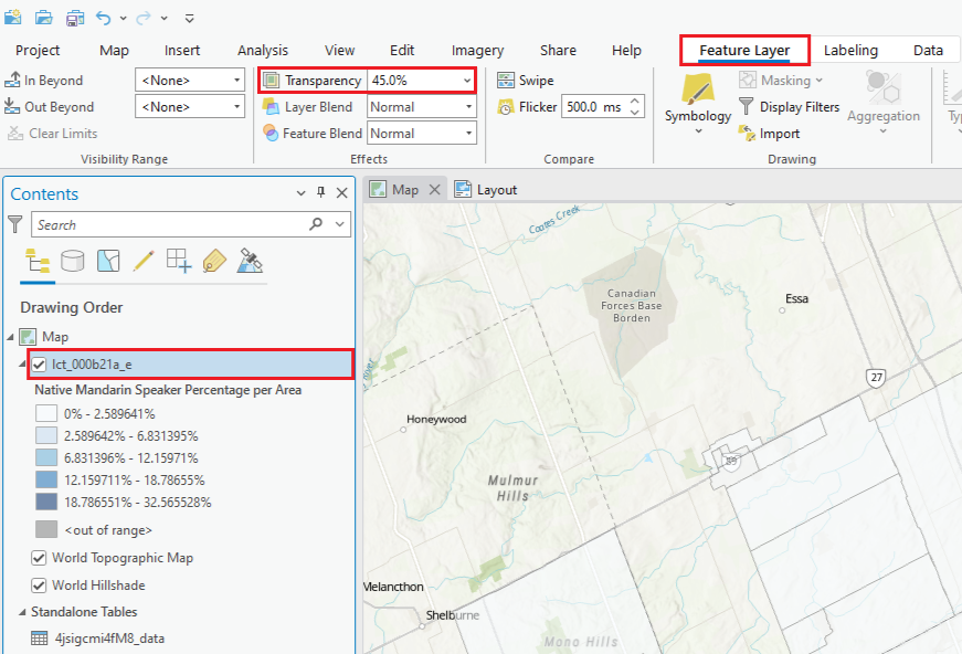 Changing the transparency to 45% of the census layer.