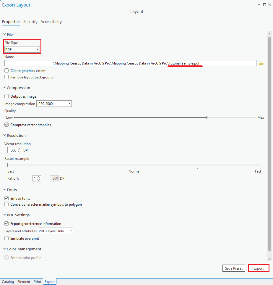 The layout is being exported as "Tutorial_sample.pdf". The file type and export button has been outlined in red.