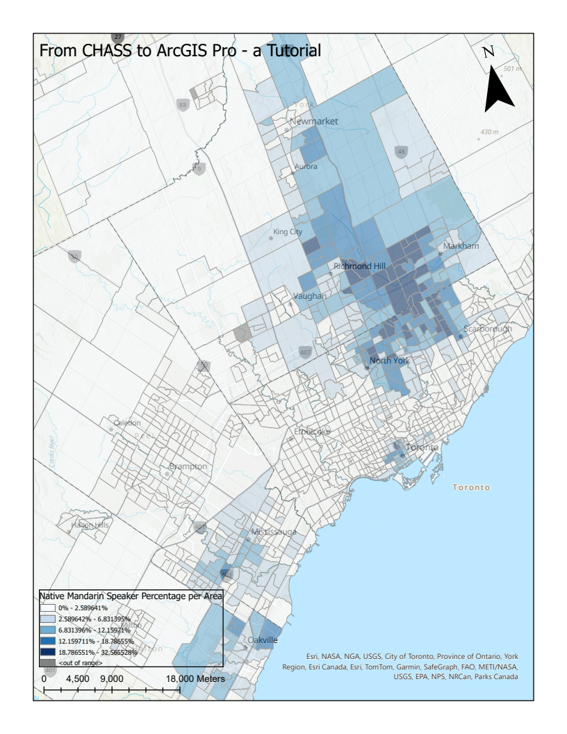 Final map showing native mandarin speakers per census tract in the City of Toronto.