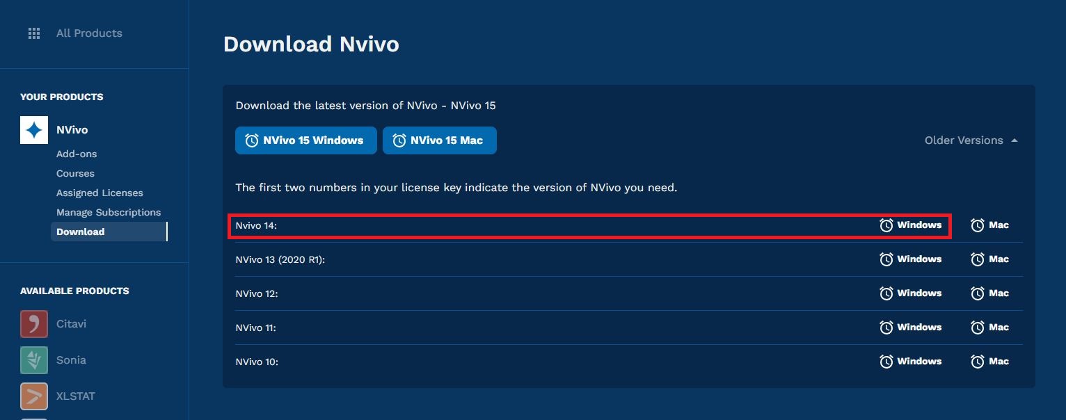 Download Nvivo page with NVivo 14: Windows download highlighted