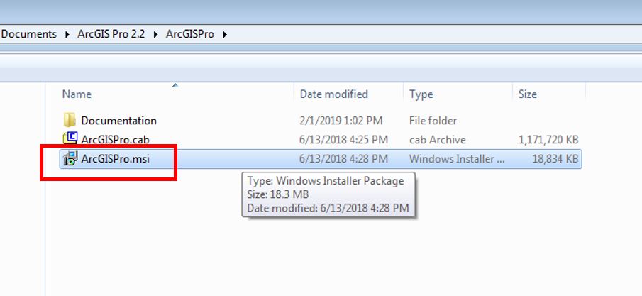 File explorer in the extraction destination folder. ArcGISPro.msi is highlighted.