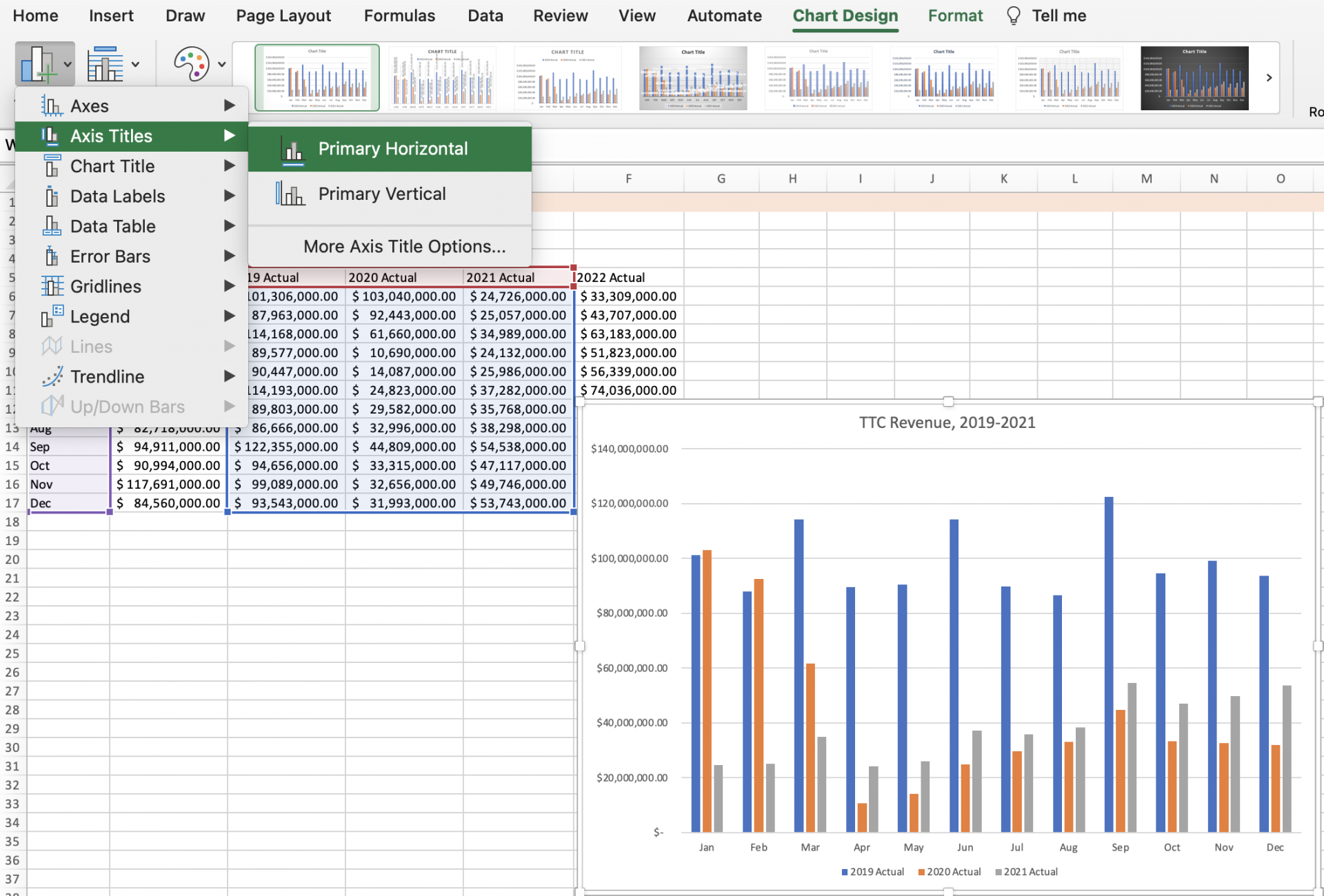 Adding and selecting the chart title in order to rename the chart