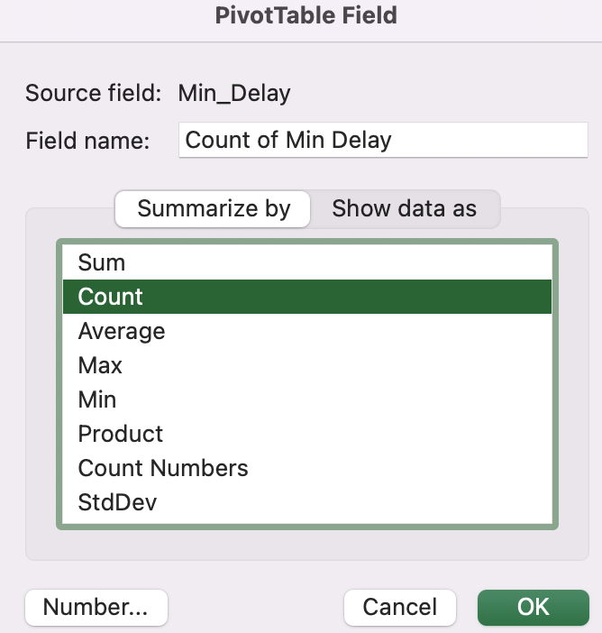 Summarize Values by and Count are highlighted