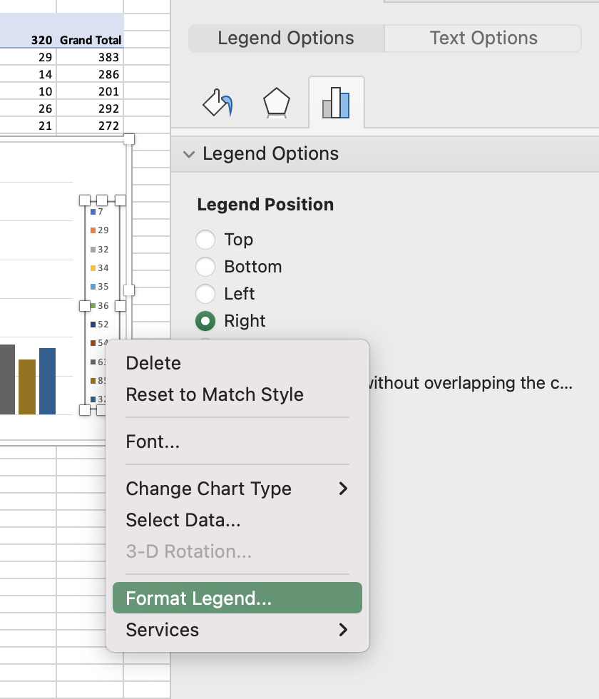 Legend button is highlighted within the Format Legend context menu