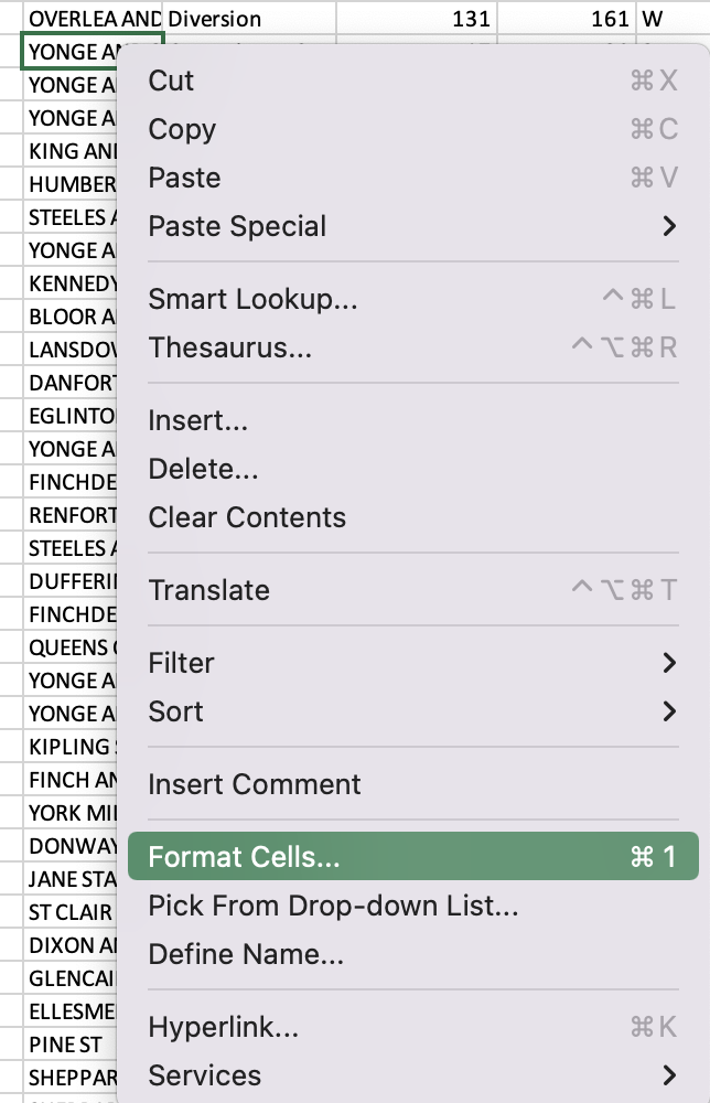 Format cells is highlighted on the context menu