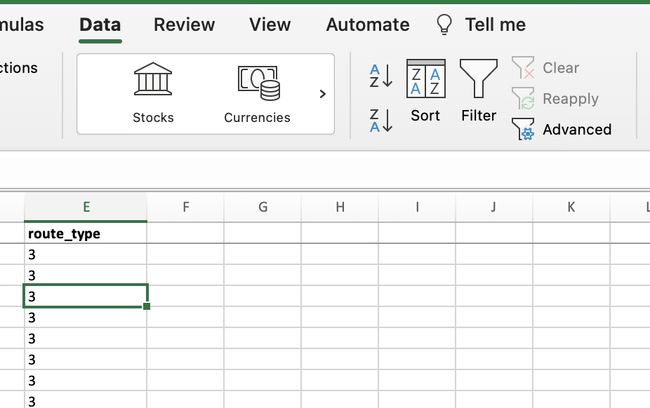 the column Route type can be filtered by selecting a cell and clicking on the sort button in the top right of excels ribbon