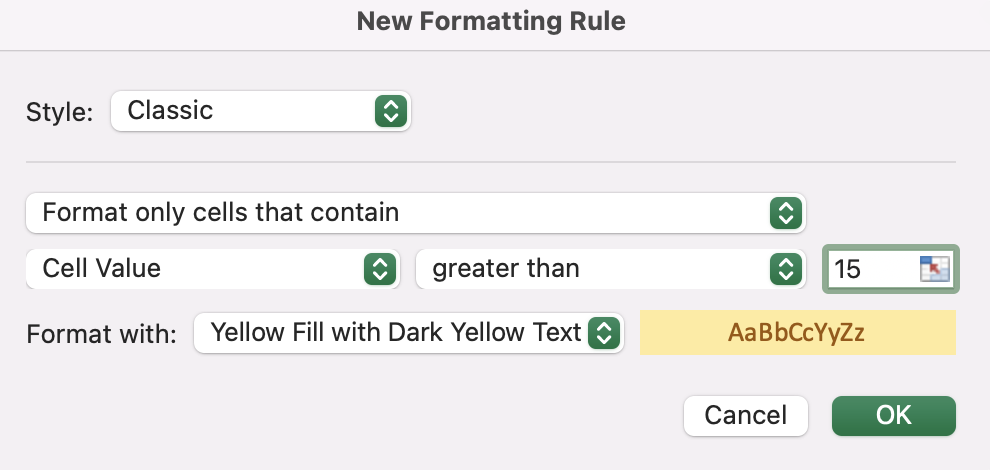 Cell values of 15, and yellow fill with dark yellow text