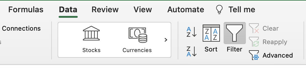 selection of the data tab and filter icon