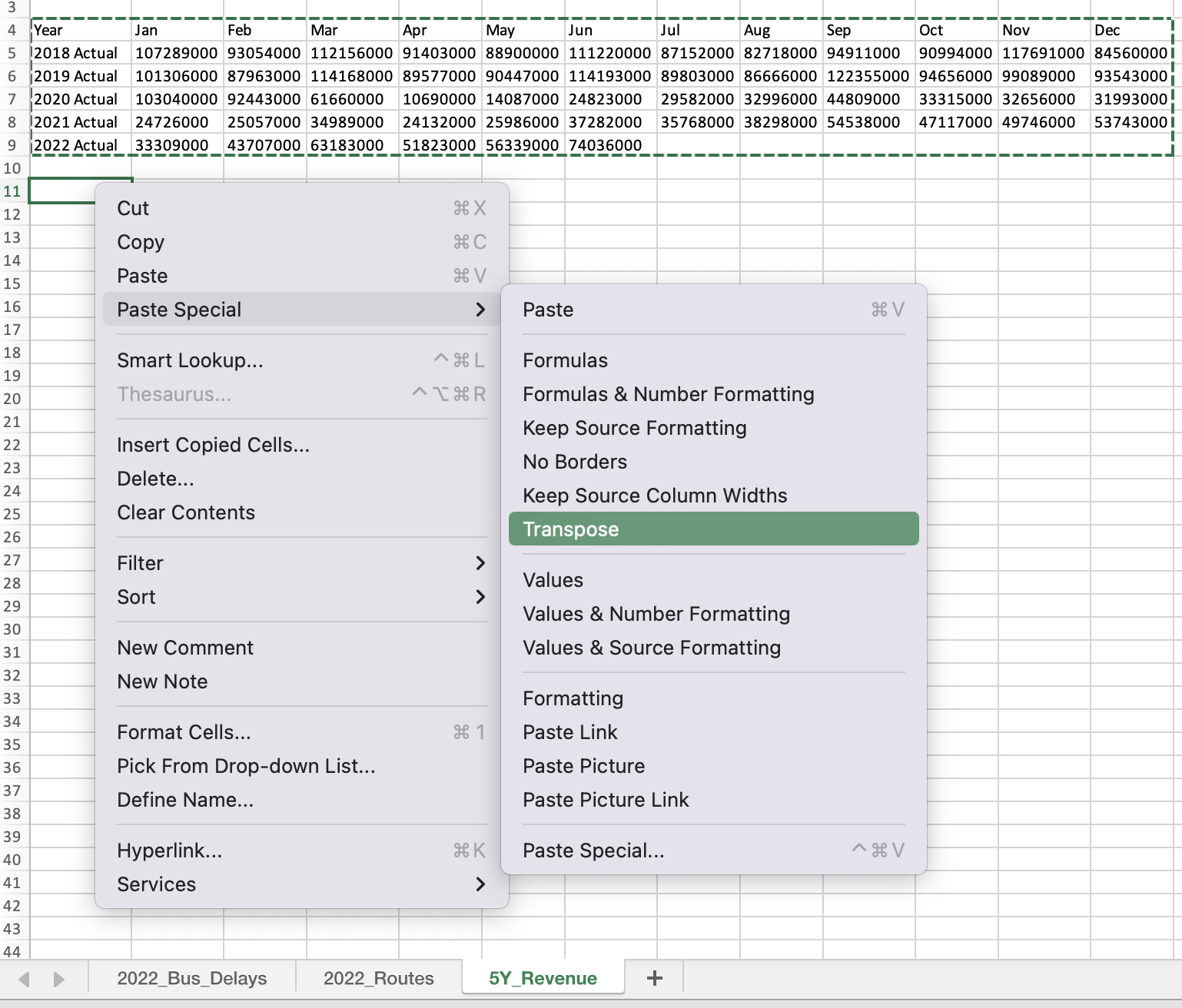 paste using the context menu, so the option to transpose the data is available