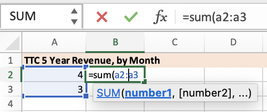 Cell B1 now contains =sum(a1:a2) 