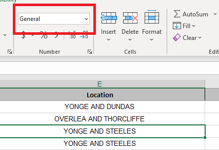 Having selected a cell, the Number tab on the ribbon will display the current data type of the cell