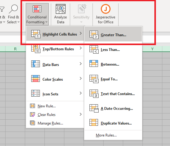 Conditional formatting in the ribbon is highlighted