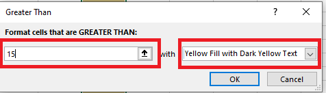 Cell values of 15, and yellow fill with dark yellow text