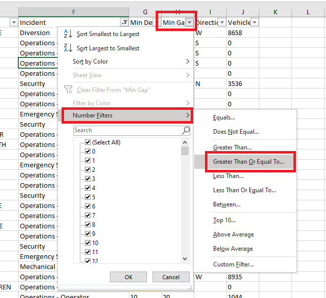 Min_Gap column filter, number filters, followed by greater than filter location