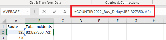 additions to the formula bar, =countif(2022_Bus_Delays!B2:B27350, A2)