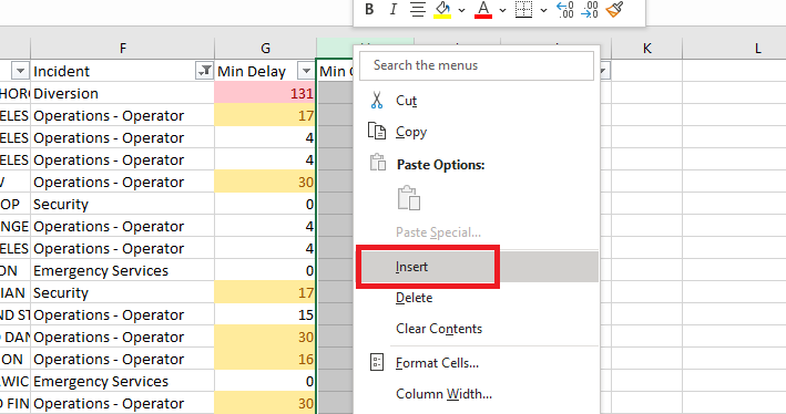 Insert button is highlighted on the context menu