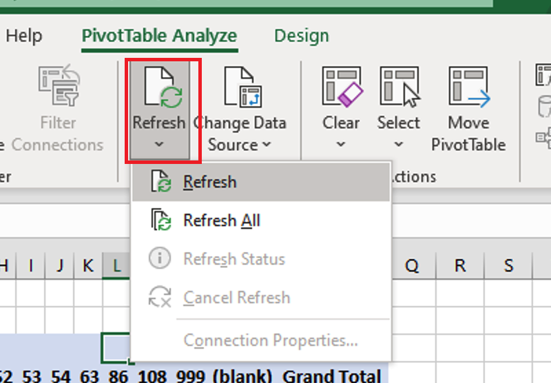 Selecting refresh under the ribbon