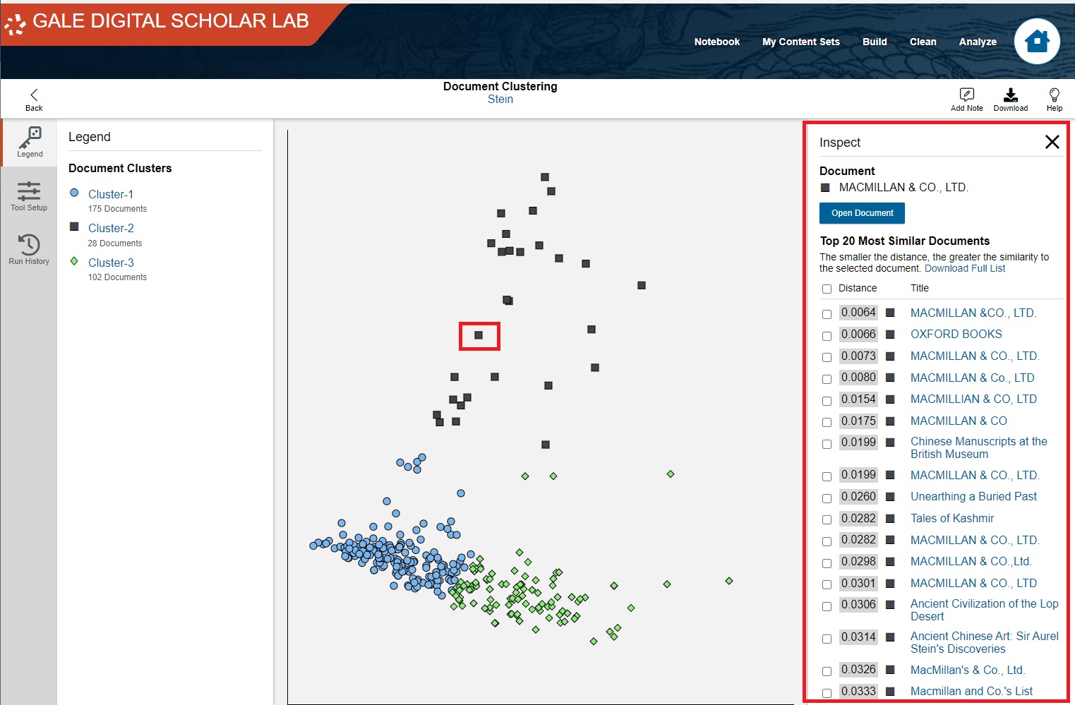 One of the cluster points highlighted, with the Doc Explorer view panel open on the right.