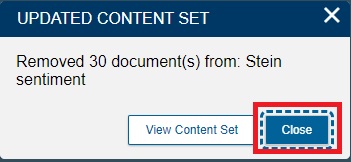 Updated Content Set window with Close highlighted.
