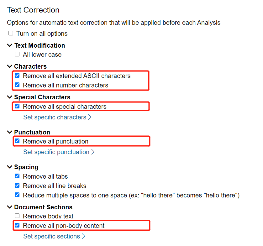 Cleaning configuration options with several boxes highlighted and checked.