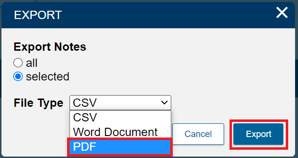 File type dropdown menu with CSV, word doc, PDF.