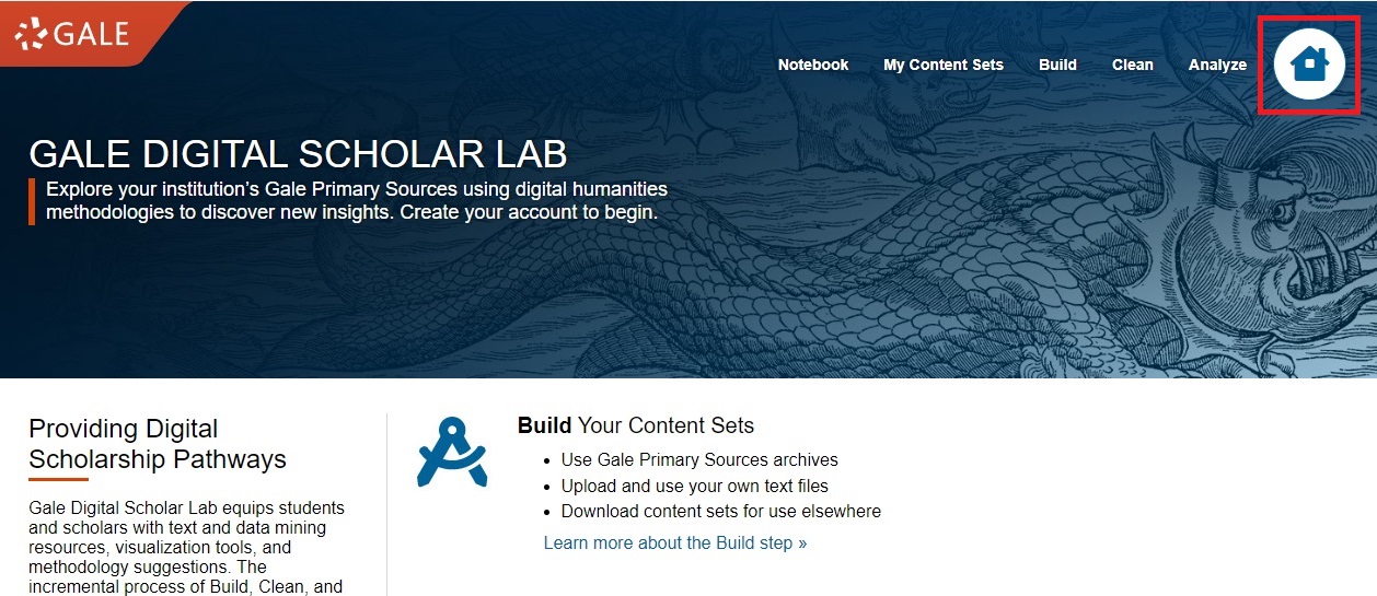 Digital Scholar Lab home page with the house icon in the top right highlighted. 