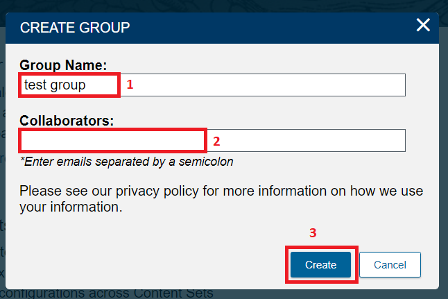 Create Group popup with the group name and collaborators fields highlighted.