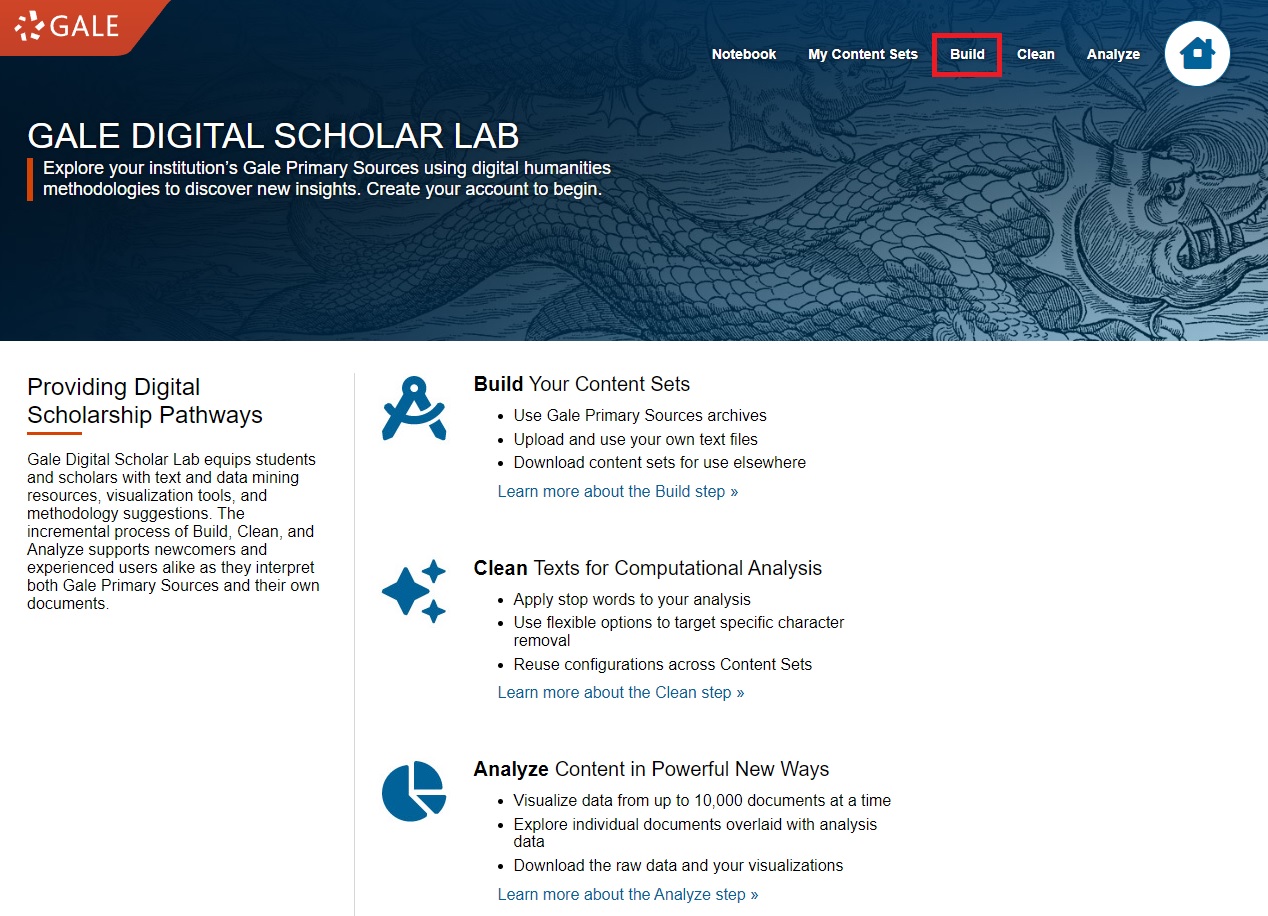 Digital Scholar Lab main page with ‘Build’ in the navigation bar highlighted.