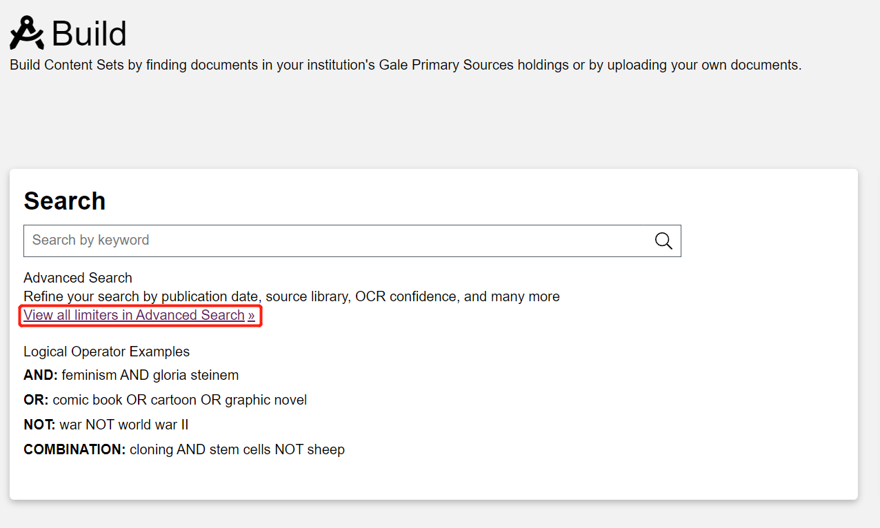 The Build page with ‘View all limiters in Advanced Search’ highlighted under the main search bar.