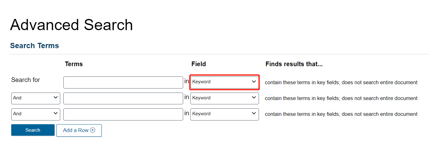 Advanced Search page with the Field drop-down menu highlighted.