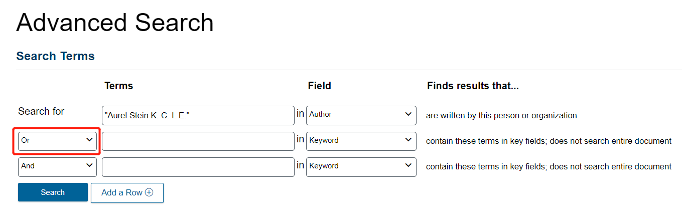 Advanced Search page with the search row operation set to OR.