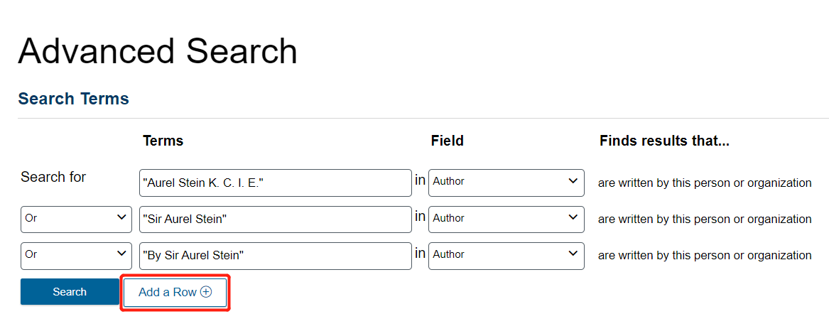 Advanced Search page with the ‘Add a Row’ button highlighted.
