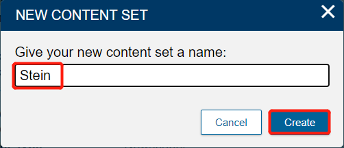 New Content Set window with ‘Stein’ written in the name field and the ‘Create’ button highlighted.