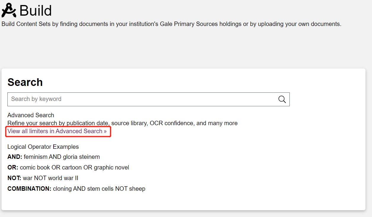 The Build page with ‘View all limiters in Advanced Search’ highlighted under the main search bar.
