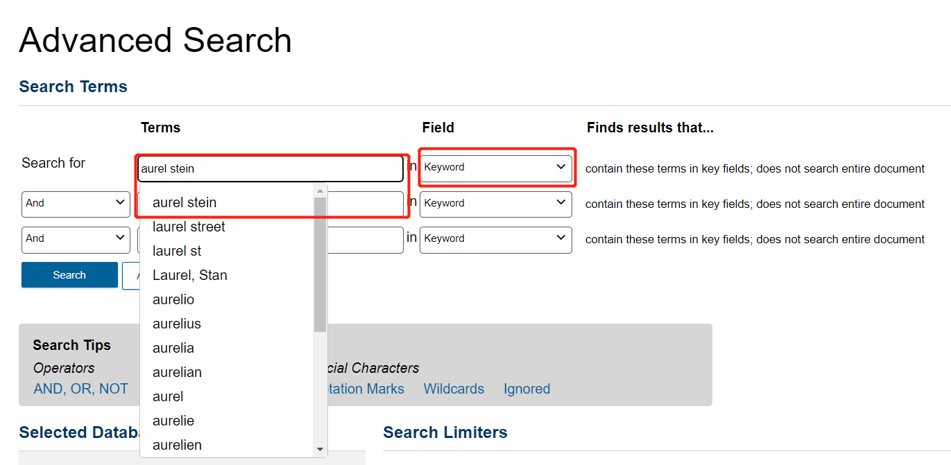 Advanced Search page with the Terms being filled in and Field as keyword.