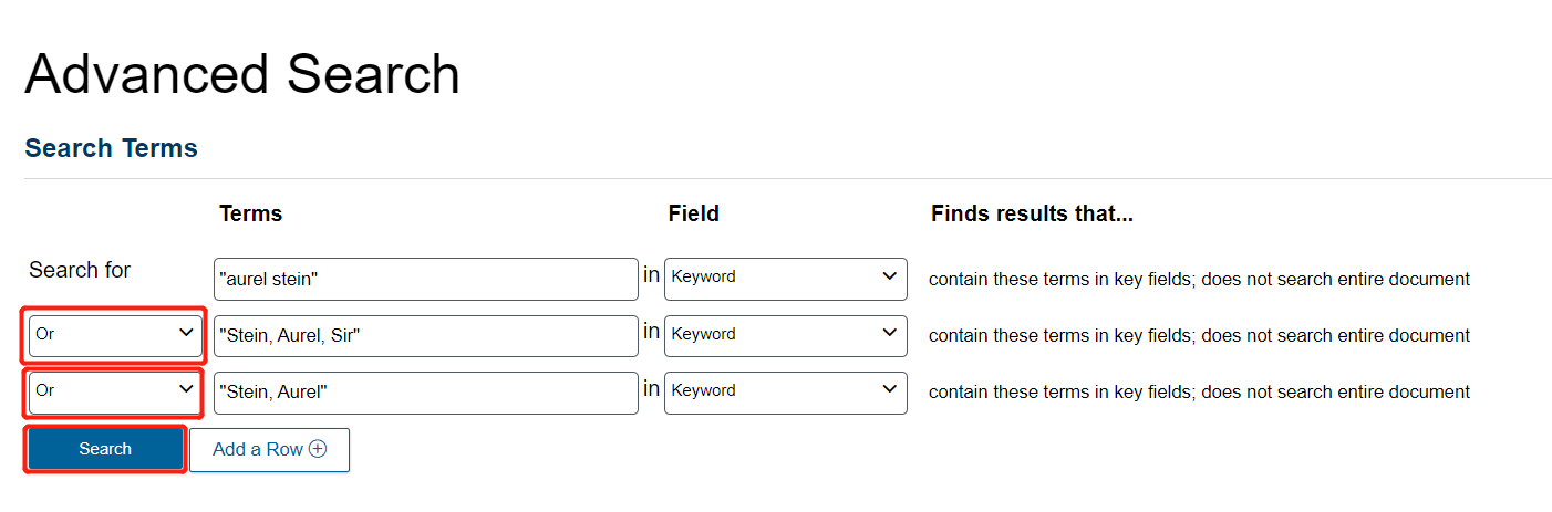 Advanced Search page with the search row operation set to OR and the ‘Search’ button highlighted.