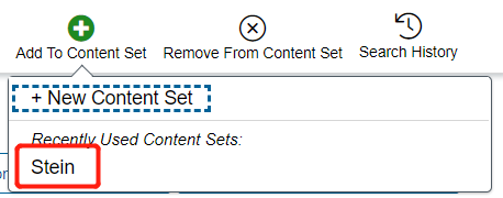 Add to Content Set drop down menu with ‘Stein’ highlighted.