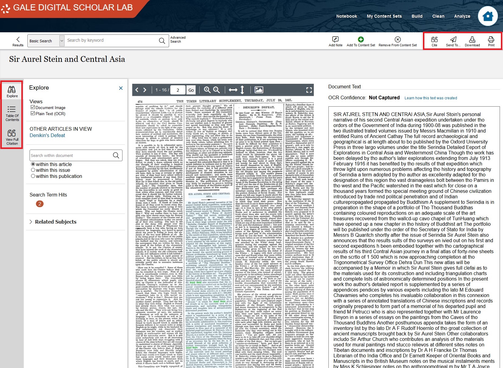 Doc Explorer.  Above the option to ‘Cite’, ‘Send to’, ‘Download’, and ‘Print’ are highlighted. To the left the options to ‘Explore’, ‘Table of Contents’, and ‘View Full Citation” are highlighted. 