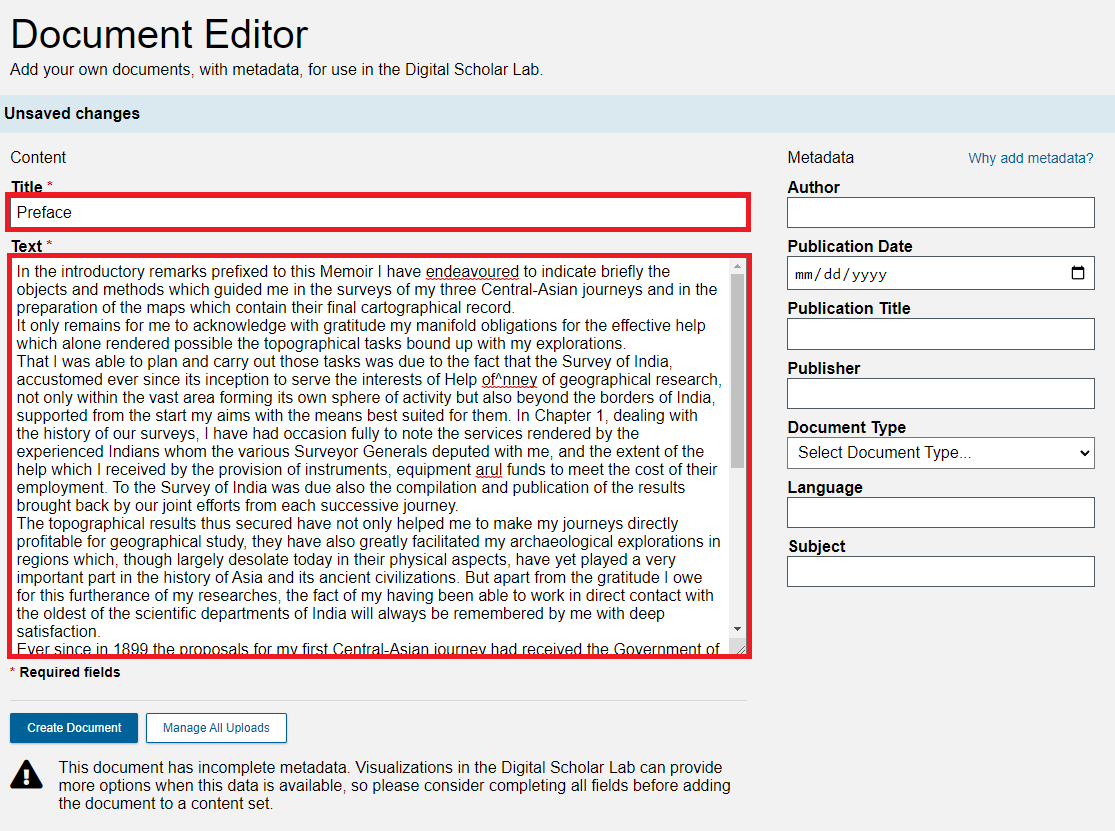 Document Editor with the text provided in the tutorial pasted into the Title and Text fields, both highlighted.