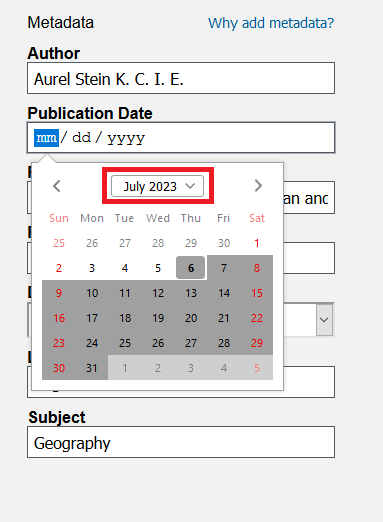 Drop-down menu for selecting date with the month and year menu at the top highlighted.